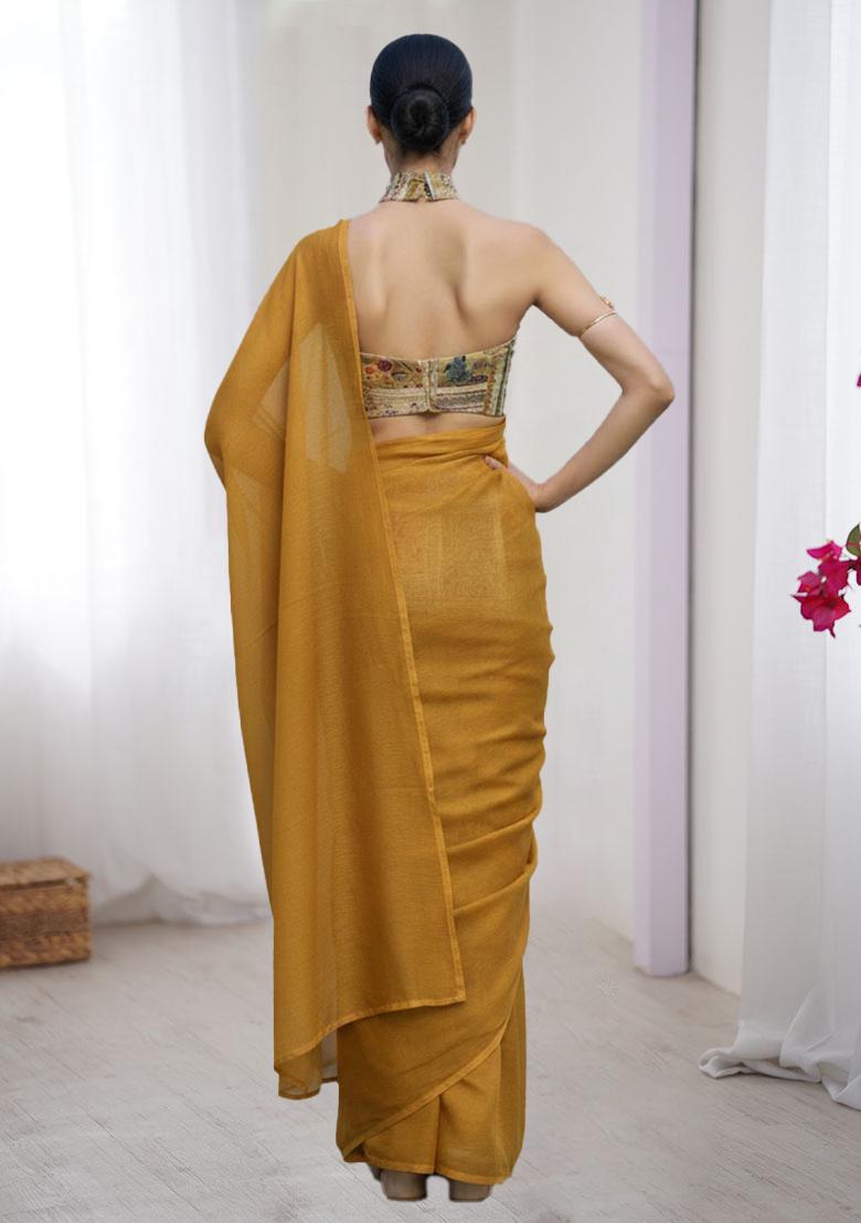 Yellow Figure Print Silk Pre Draped Saree Set - Indya