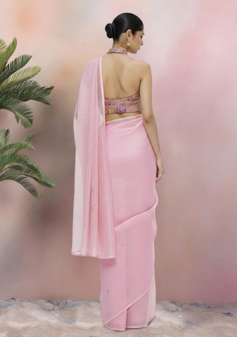 Pink Figure Print Silk Pre Draped Saree Set - Indya