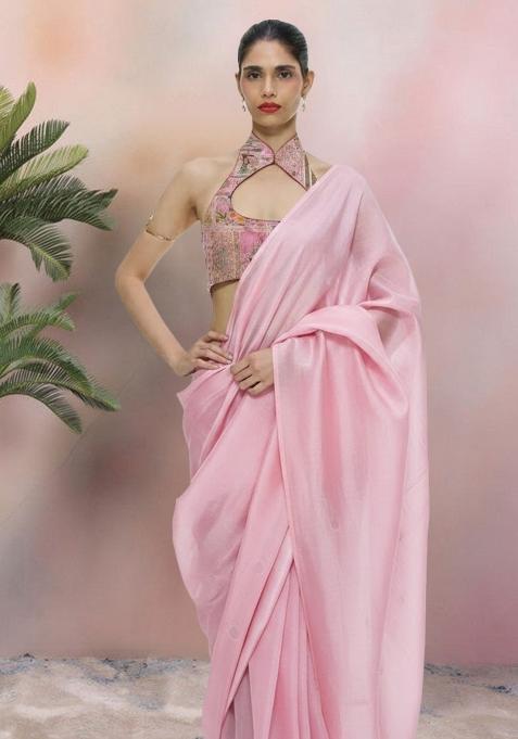 Pink Figure Print Silk Pre Draped Saree Set