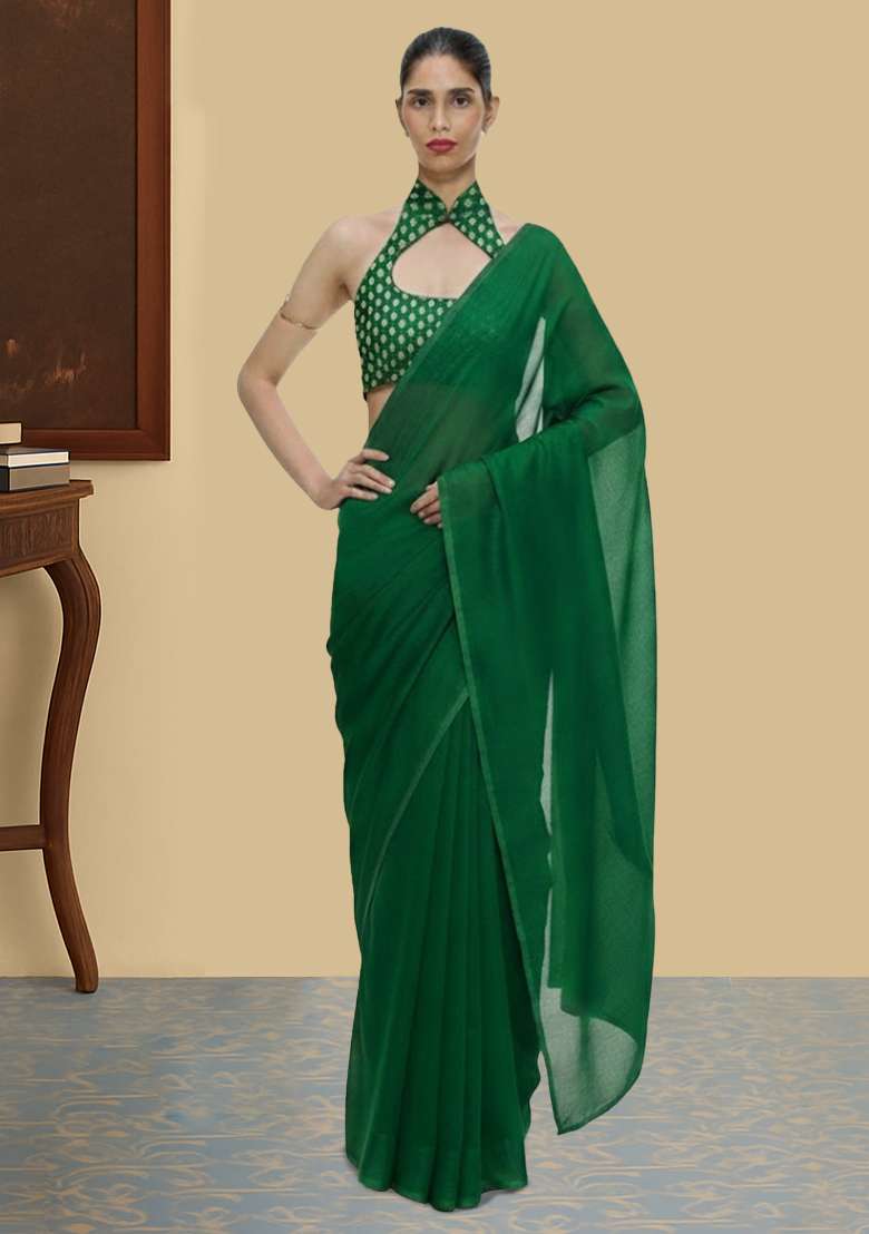 Bottle Green Silk Blend Pre Draped Saree Set for Diwali | Wedding & Festive Wear - Indya