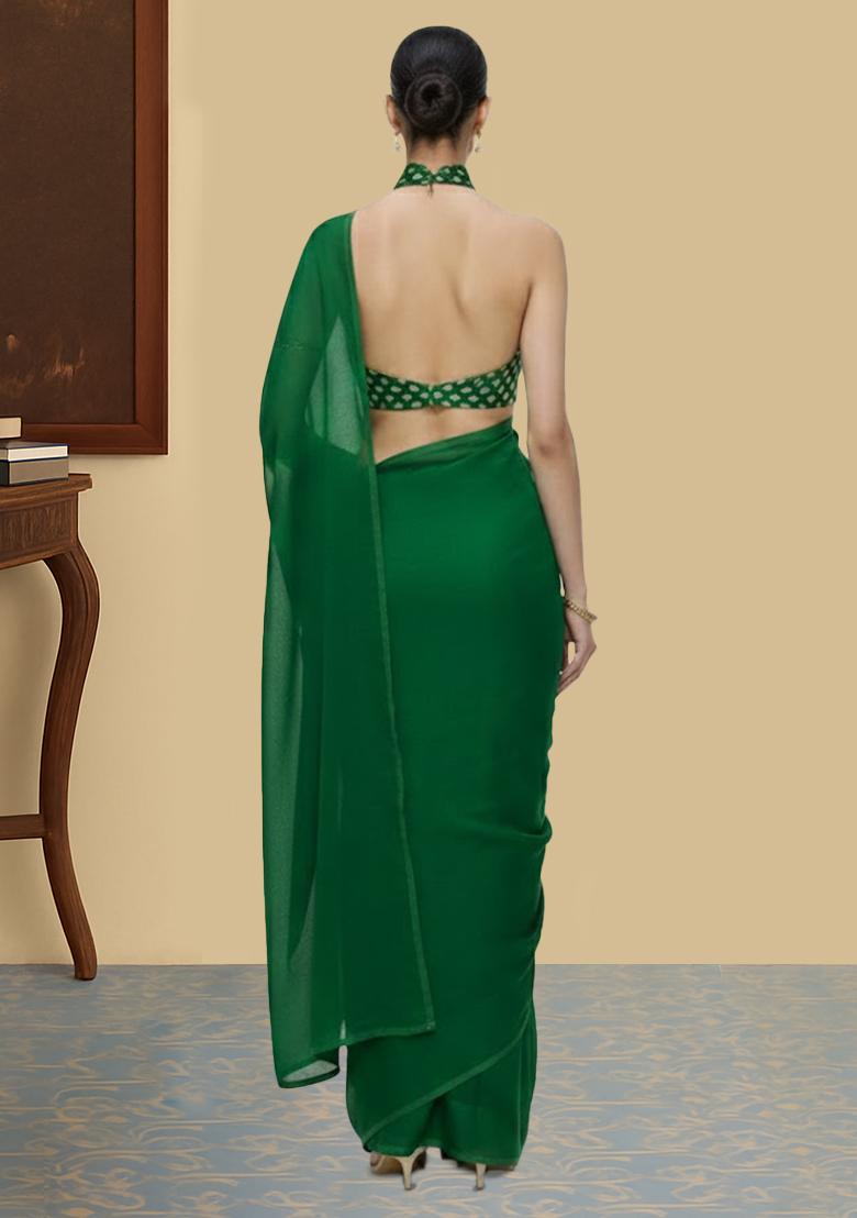 Bottle Green Silk Pre Draped Saree Set - Indya