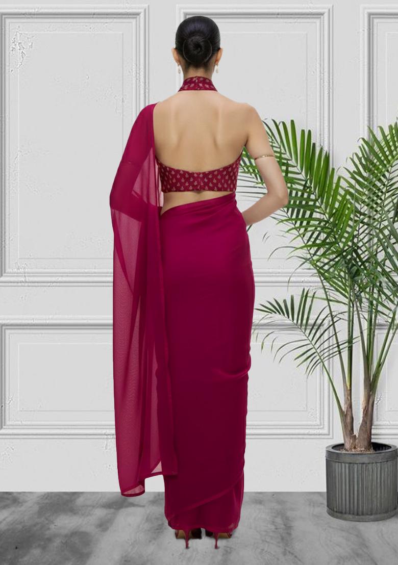 Rani Pink Silk Pre Draped Saree Set - Indya