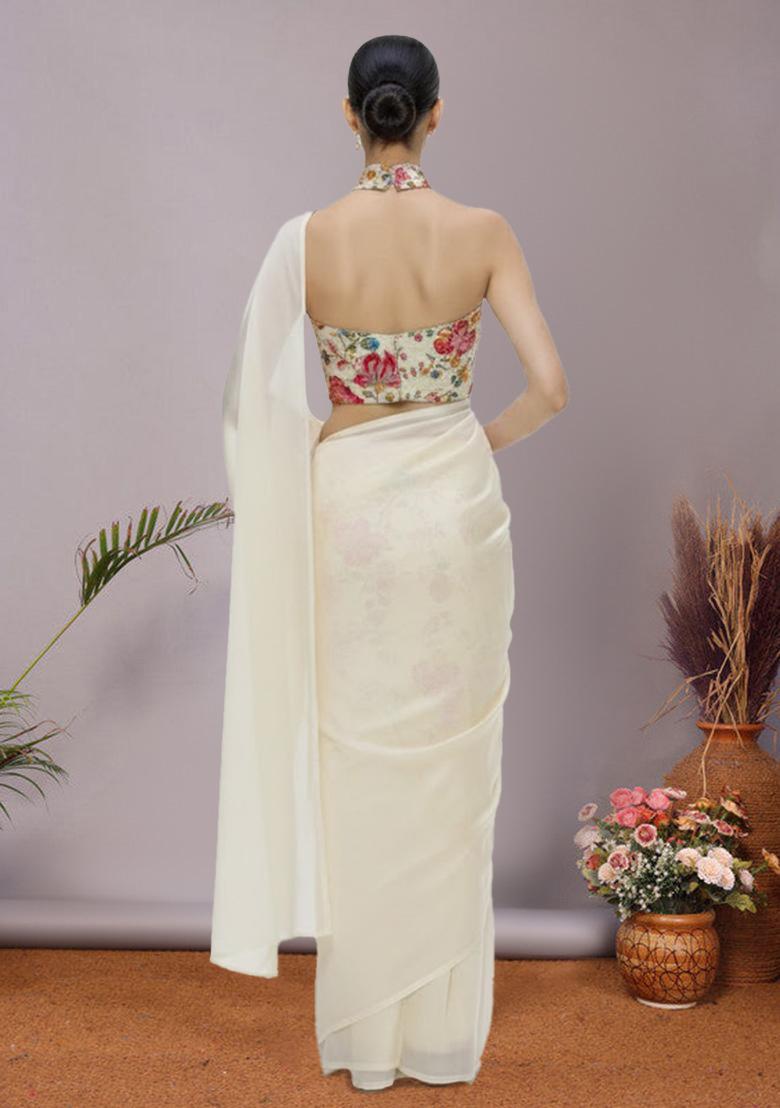 White Floral Print Crepe Pre Draped Saree Set - Indya