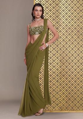 Olive Green Floral Print Crepe Pre Draped Saree Set