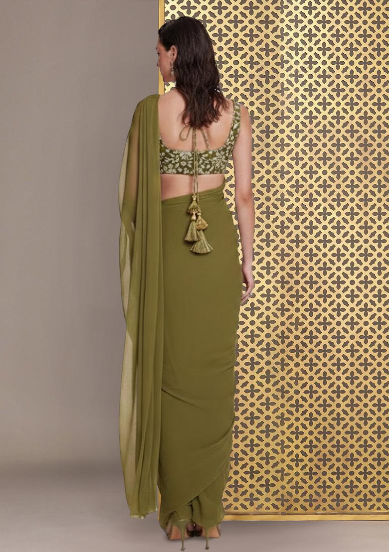 Olive Green Floral Print Crepe Pre Draped Saree Set - Indya