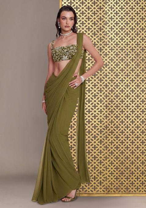 Olive Green Floral Print Crepe Pre Draped Saree Set