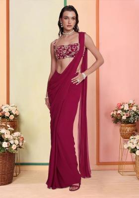Rani Pink Floral Print Crepe Pre Draped Saree Set