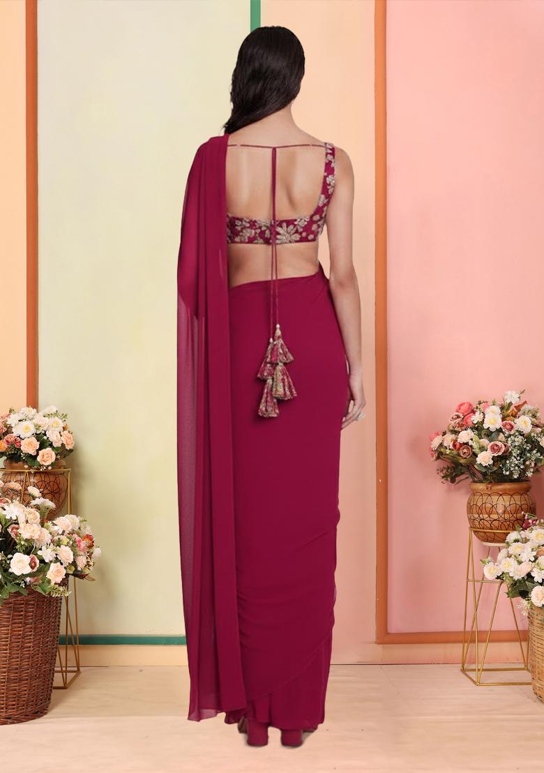 Rani Pink Floral Print Crepe Pre Draped Saree Set - Indya