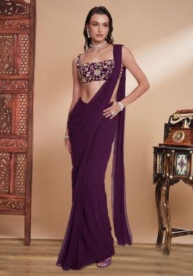 Purple Floral Print Crepe Pre Draped Saree Set