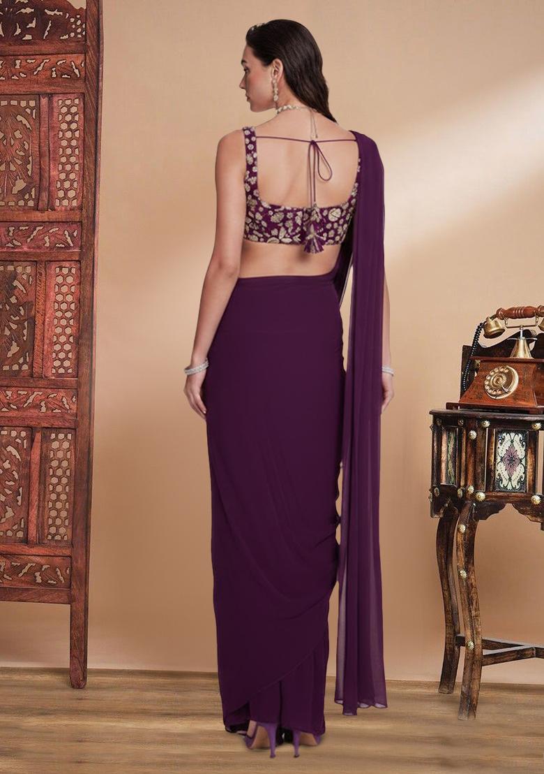 Purple Floral Print Crepe Pre Draped Saree Set - Indya