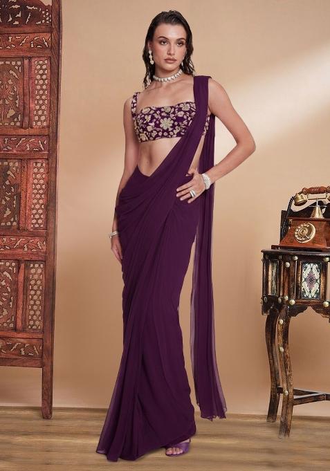 Purple Floral Print Crepe Pre Draped Saree Set