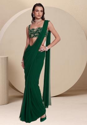 Bottle Green Floral Print Crepe Pre Draped Saree Set