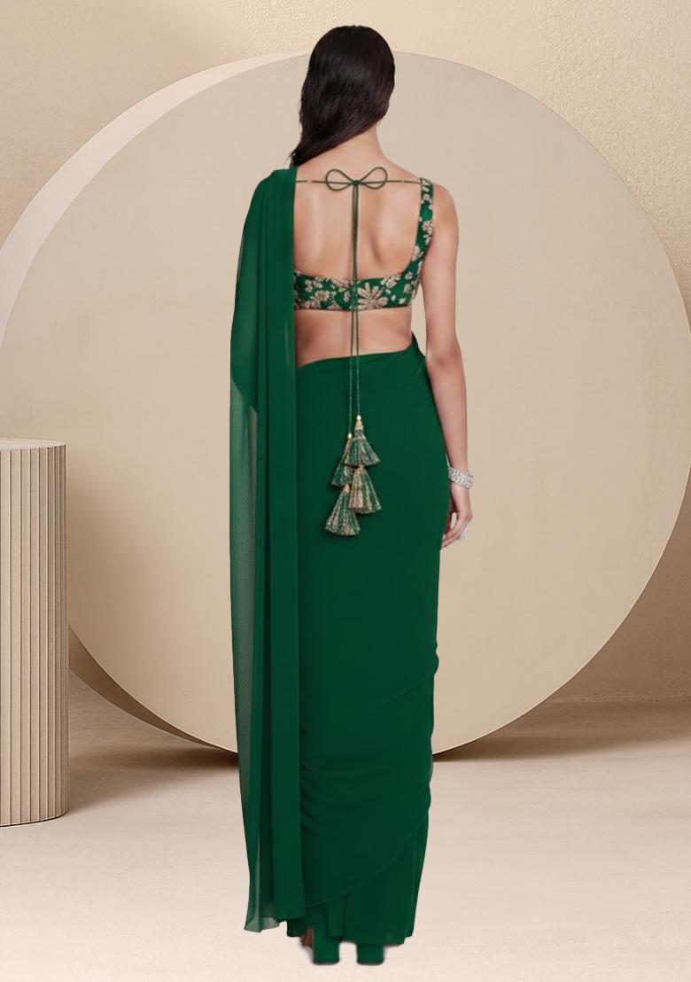 Bottle Green Floral Print Crepe Pre Draped Saree Set - Indya