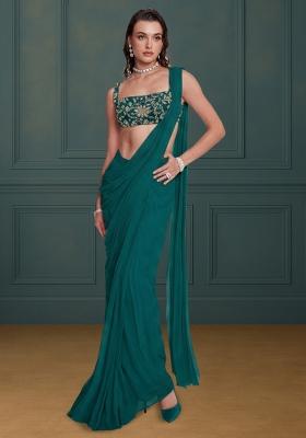 Teal Green Floral Print Crepe Pre Draped Saree Set