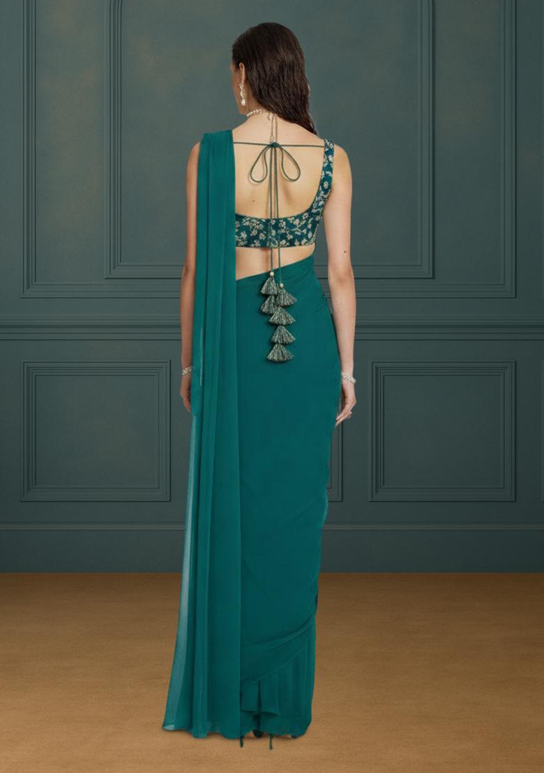 Teal Green Floral Print Crepe Pre Draped Saree Set - Indya