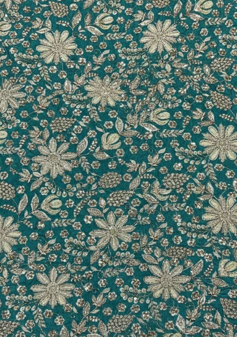 Teal Green Floral Print Crepe Pre Draped Saree Set - Indya