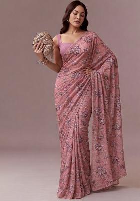 Pink Floral Print Organza Pre Draped Saree Set