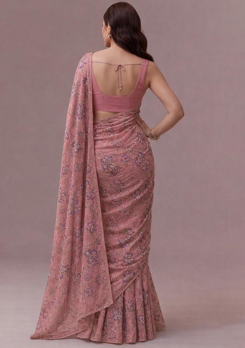 Pink Floral Print Organza Pre Draped Saree Set - Indya