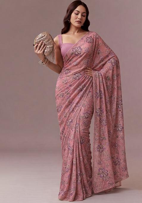 Pink Floral Print Organza Pre Draped Saree Set