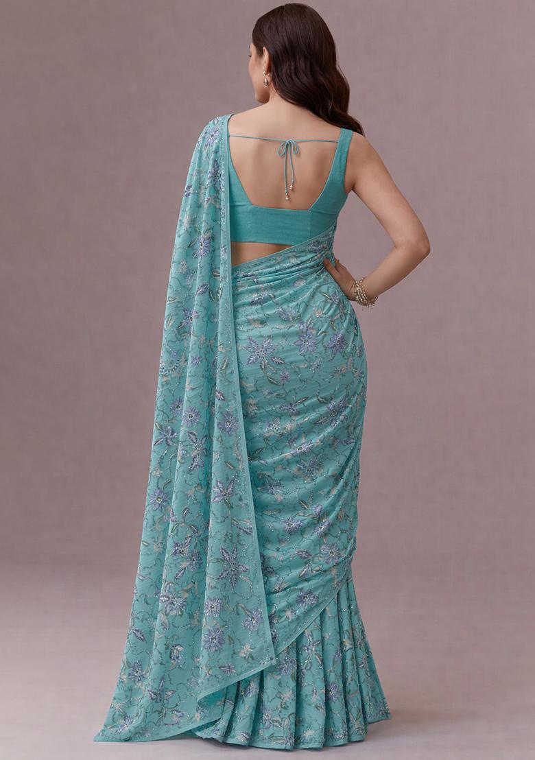 Blue Floral Print Organza Pre Draped Saree Set - Indya