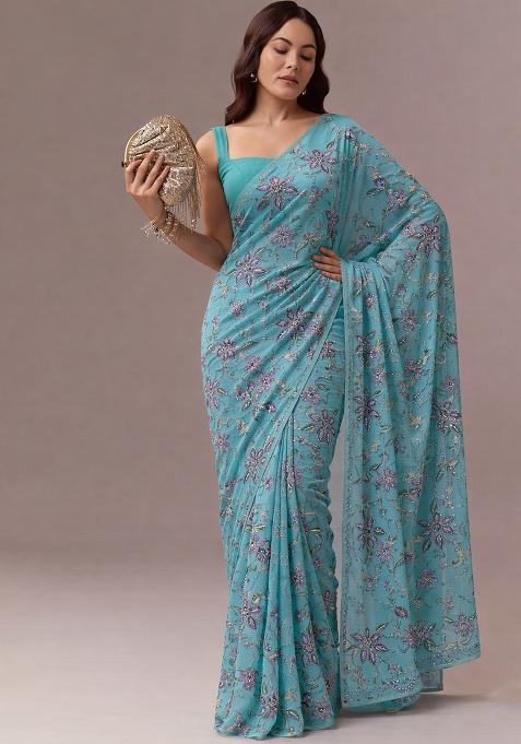 Blue Floral Print Organza Pre Draped Saree Set