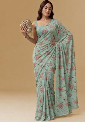 Mint Green Floral Print Organza Pre Draped Saree Set