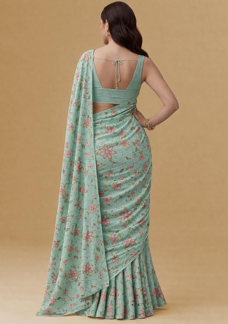 Mint Green Floral Print Organza Pre Draped Saree Set - Indya