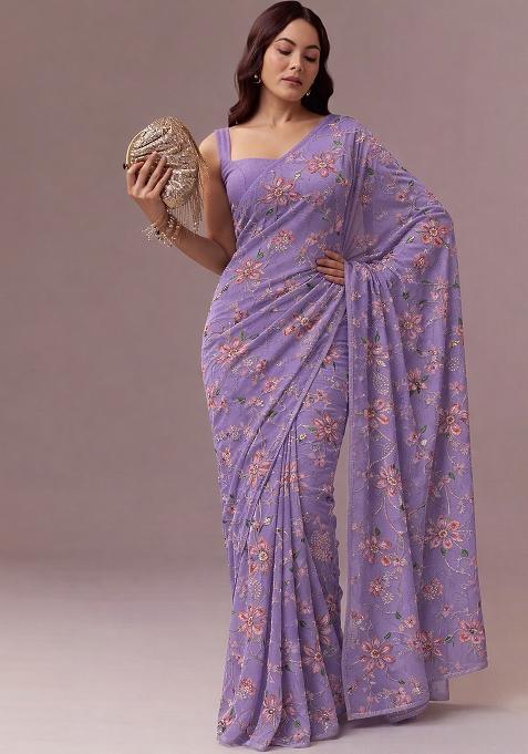Lavender Floral Print Organza Pre Draped Saree Set