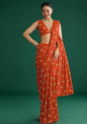 Orange Embroidered Chanderi Pre Draped Saree Set
