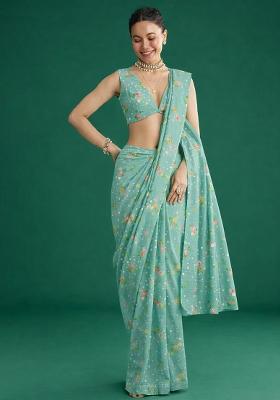 Blue Embroidered Chanderi Pre Draped Saree Set