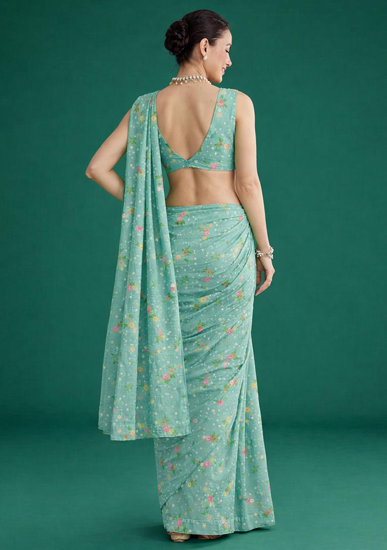 Blue Embroidered Chanderi Pre Draped Saree Set - Indya
