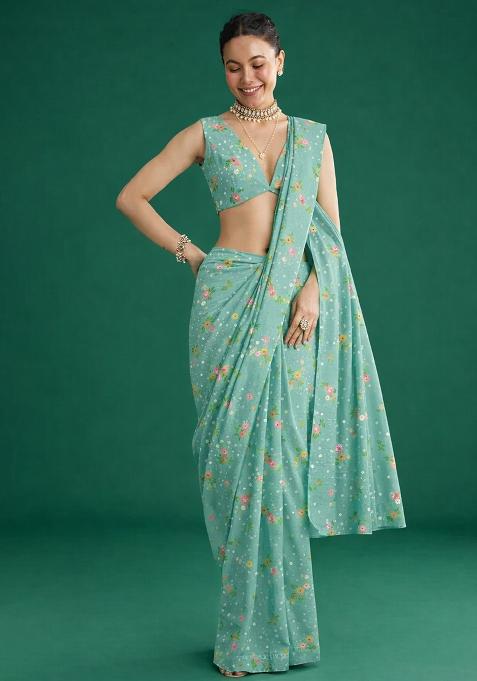 Blue Embroidered Chanderi Pre Draped Saree Set