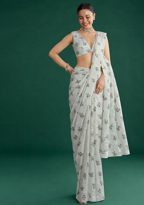 White Embroidered Chanderi Pre Draped Saree Set
