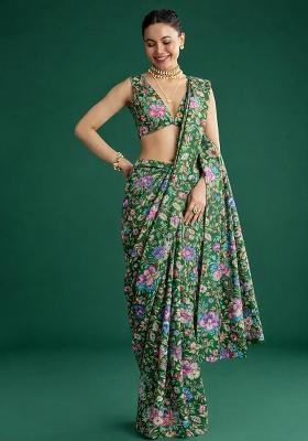 Green Floral Print Chinon Pre Draped Saree Set