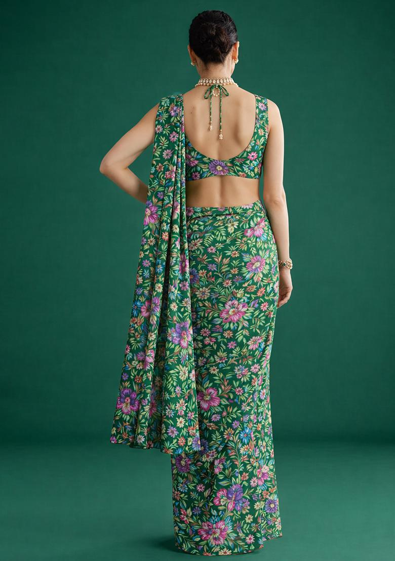 Green Floral Print Chinon Pre Draped Saree Set - Indya