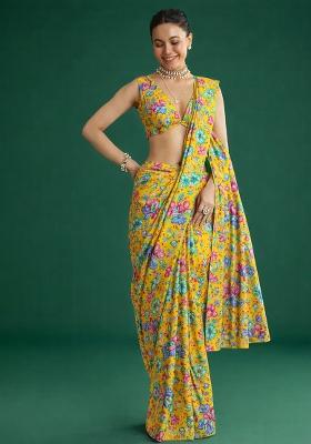 Yellow Floral Print Chinon Pre Draped Saree Set