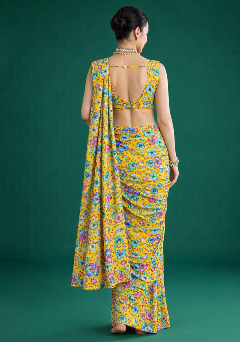 Yellow Floral Print Chinon Pre Draped Saree Set - Indya