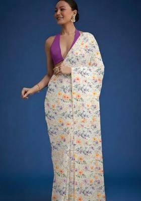 Off White Georgette Pre Draped Saree Set