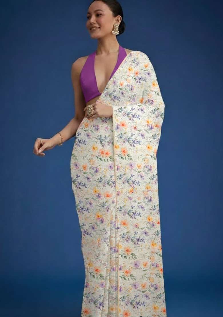 Off White Georgette Pre Draped Saree Set - Indya