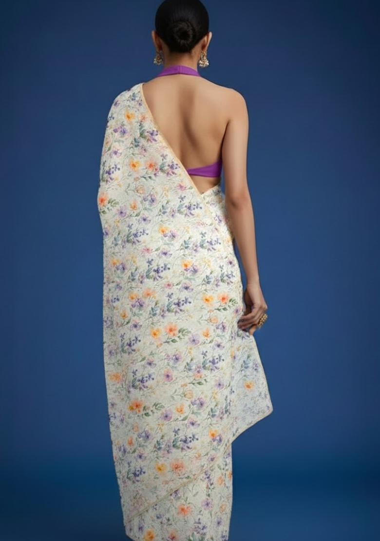 Off White Georgette Pre Draped Saree Set - Indya