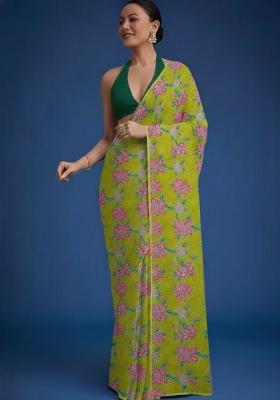 Olive Green Floral Print Organza Pre Draped Saree Set