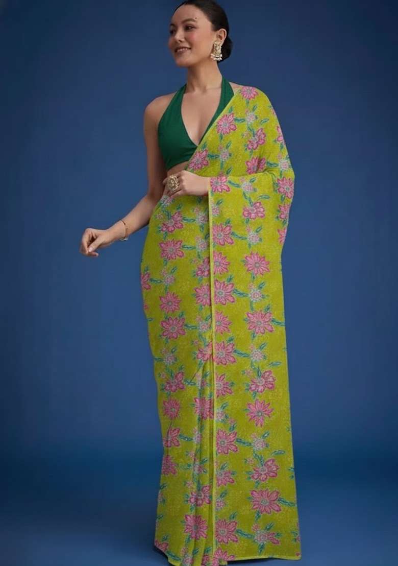 Olive Green Floral Print Organza Pre Draped Saree Set - Indya