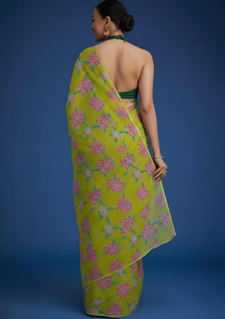 Olive Green Floral Print Organza Pre Draped Saree Set - Indya