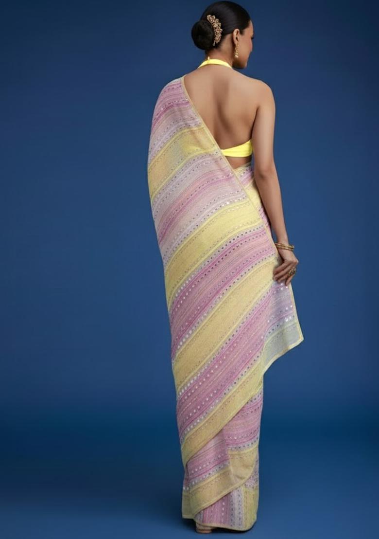 Purple And Green Embroidered Georgette Pre Draped Saree Set - Indya