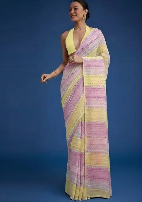 Purple And Green Embroidered Georgette Pre Draped Saree Set