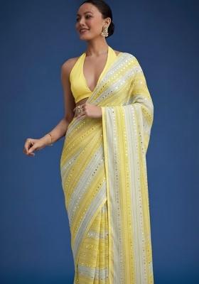 Yellow Embroidered Georgette Pre Draped Saree Set