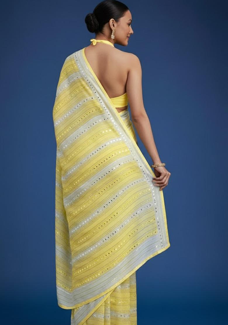 Yellow Embroidered Georgette Pre Draped Saree Set - Indya