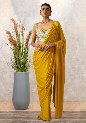 Yellow Floral Print Tissue Pre Draped Saree Set