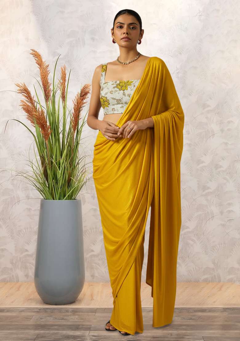 Yellow Floral Print Tissue Pre Draped Saree Set - Indya