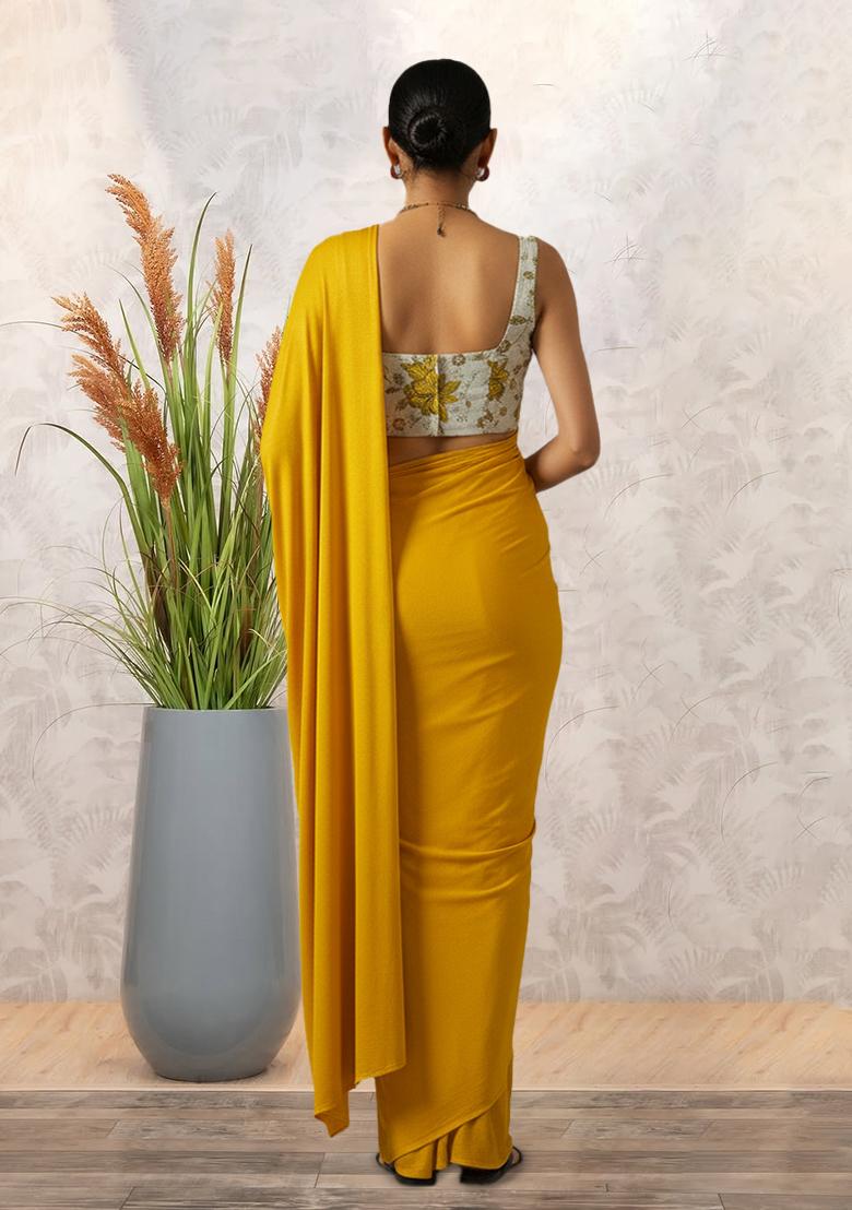 Yellow Floral Print Tissue Pre Draped Saree Set - Indya